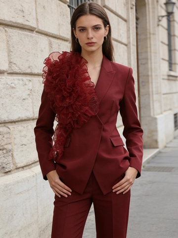 Damen Elegant Burgund Schmale Passform Blazer Mit 3D Organza Blumen Dekoration Langarm V Ausschnitt Abend Party Mode Oberbekleidung