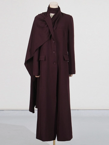 Elegant Women Asymmetric Scarf Collar Trench Coat Slim Long Sleeve Solid Color Overcoat Minimalist Office Lady Outwear