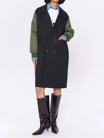 Women's British Style Contrast Patchwork Trench Coat Mid-Length Double Breasted Windbreaker Loose Fit Streetwear Jacket