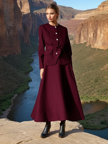 Elegant Wine Red Round Neck Single Breasted Top And A-Line Maxi Skirt Set Slim Fit Long Sleeve Commuter Outfit For Women