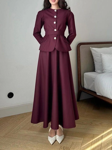 Elegant Wine Red Round Neck Single Breasted Top And A-Line Maxi Skirt Set Slim Fit Long Sleeve Commuter Outfit For Women