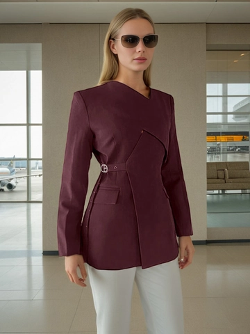 Women Elegant Asymmetric Blazer Jacket Long Sleeve Belted Waist Deep Red Solid Color Casual Professional Suit Top