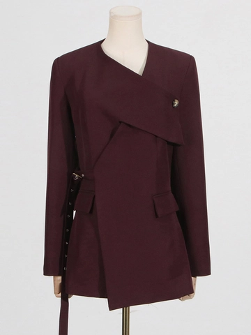 Women Elegant Asymmetric Blazer Jacket Long Sleeve Belted Waist Deep Red Solid Color Casual Professional Suit Top