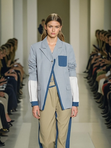 Blazer Patchwork Decostruito da Donna Dettaglio Denim Manica a Pieghe Grigio Casual Giacca da Abito Larga Manica Lunga