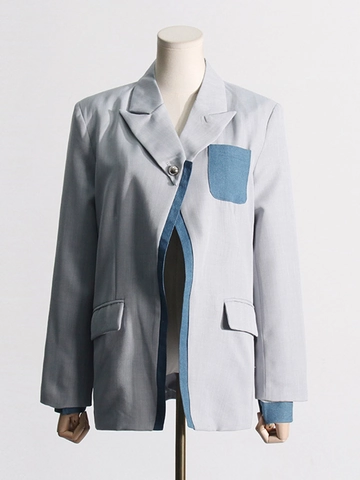Blazer Patchwork Decostruito da Donna Dettaglio Denim Manica a Pieghe Grigio Casual Giacca da Abito Larga Manica Lunga