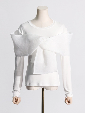 Women Casual Slim Fit T-Shirt Long Sleeve Round Neck Mesh Bowknot Patchwork Elegant High-End Solid Color Spring Top