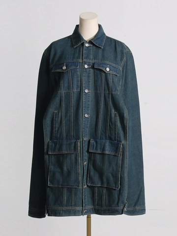Damen Denim Cape Jacke Locker Mode Revers Poncho Stil Kontrastnähte Multi Taschen Cargo Workwear Frühling Baumwolle Jacke