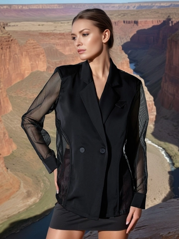 Blazer Donna Elegante con Patchwork in Rete Giacca da Completo Nera Larga Manica Lunga Revers Casual