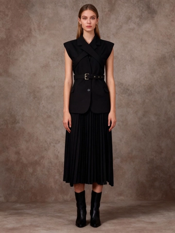 Elegant Crossover Sleeveless Blazer Vest With Belt Women Solid Color Notch Lapel Patchwork Office Lady Summer Waistcoat Top