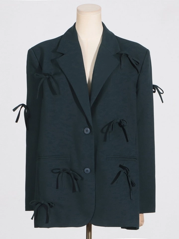 Damen Mode Schleife Design Reverskragen Blazer Jacke Pendler Locker Geschnitten Langarm Anzug Oberbekleidung Büro Lady Täglich