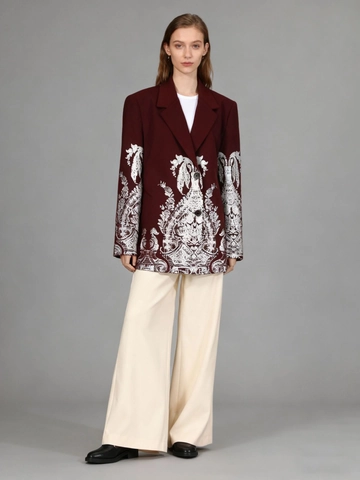 Damen Vintage Weinrot Blazer Jacke Silber Barock Floral Foliendruck Reverskragen Langarm Individuelle Streetwear Mantel
