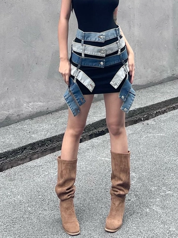 Γυναικεία Σέξι Αποδομημένη Τζιν Mini Φούστα Patchwork High Street Punk Style Σχεδιασμός με Πολλαπλές Ζώνες Κοντή Φούστα με Αντίθεση