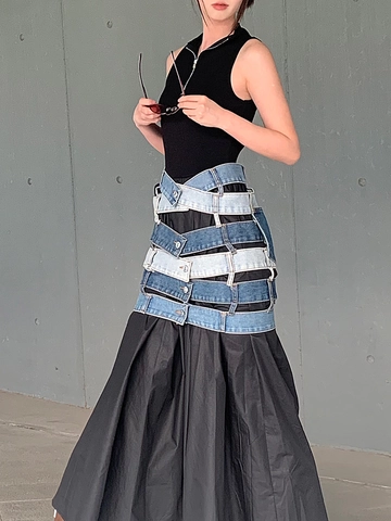 Γυναικεία Σέξι Αποδομημένη Τζιν Mini Φούστα Patchwork High Street Punk Style Σχεδιασμός με Πολλαπλές Ζώνες Κοντή Φούστα με Αντίθεση
