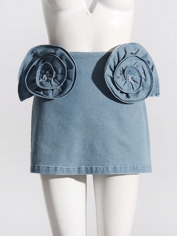 Women Sweet 3D Rose Flower Denim Mini Skirt High Waist Washed A-Line Skirt Stylish Blue Jean Skirt For Daily Dating Shopping