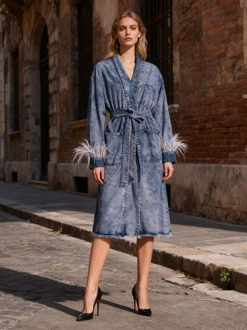 Women's Casual Acid Wash Blue Denim Coat Mid-length Long Sleeve Belted Trench Coat With Raw Hem Vintage Loose Outerwear