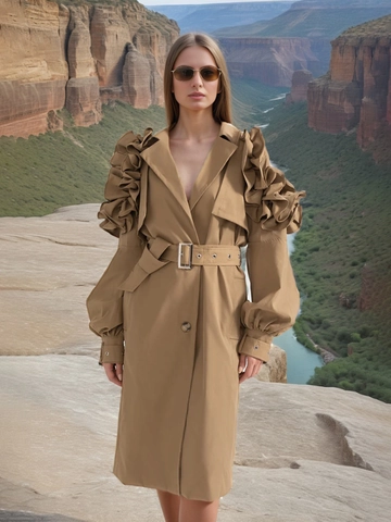 Gabardina Larga Elegante para Mujer Con Costuras de Volantes y Cinturón Manga de Linterna Corte Ajustado Chaqueta de Poliéster Primavera Otoño
