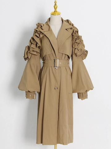 Gabardina Larga Elegante para Mujer Con Costuras de Volantes y Cinturón Manga de Linterna Corte Ajustado Chaqueta de Poliéster Primavera Otoño