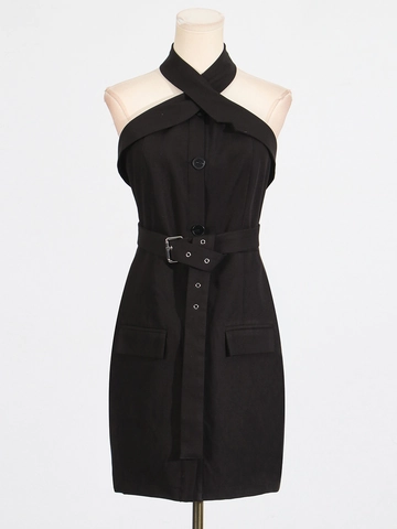 Women Halter Neck Sleeveless Slim Fit Mini Dress With Belt Elegant Solid Black Single Breasted A-Line Cargo Summer Dress