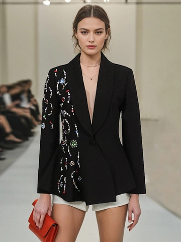Women Luxurious Rhinestone Beaded Blazer Slim Fit Lapel Long Sleeve Solid Color Black Suit Jacket For Evening Party Fashion