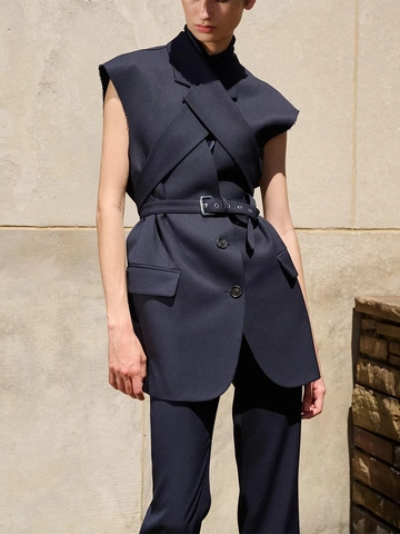 Elegant Crossover Sleeveless Blazer Vest With Belt Women Solid Color Notch Lapel Patchwork Office Lady Summer Waistcoat Top