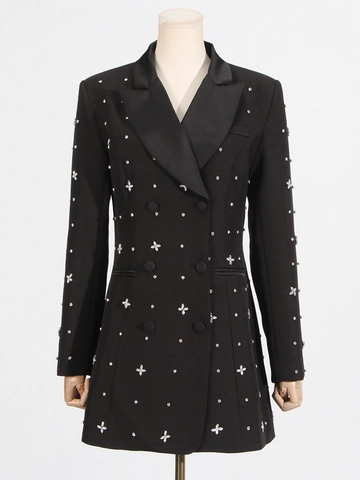 Women Rhinestone Slim Fit Blazer Jacket Satin Lapel Double Breasted Solid Color Mid Length Elegant Party Dress Coat