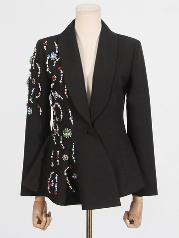 Women Luxurious Rhinestone Beaded Blazer Slim Fit Lapel Long Sleeve Solid Color Black Suit Jacket For Evening Party Fashion