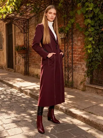 Dames Elegante Wijnrode Lange Trenchcoat Met Witte Contraststiksel Revers Single Breasted Lange Mouw Bovenkleding Jas