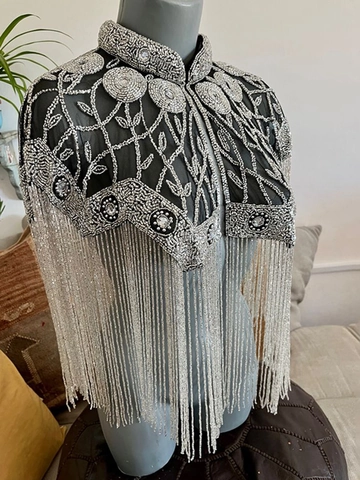 Vintage Beaded Tassel Shawl For Women Sequin Mesh Bolero Cape For Evening Party Wedding Elegant Gatsby Style Wrap Jacket