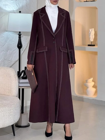 Dames Elegante Wijnrode Lange Trenchcoat Met Witte Contraststiksel Revers Single Breasted Lange Mouw Bovenkleding Jas