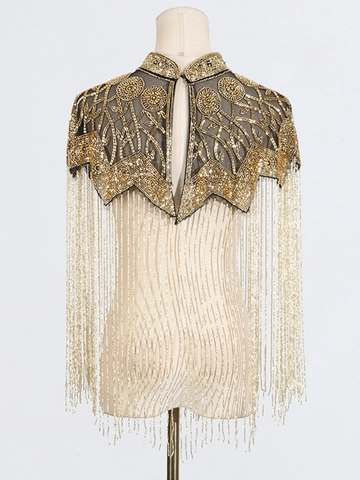Vintage Beaded Tassel Shawl For Women Sequin Mesh Bolero Cape For Evening Party Wedding Elegant Gatsby Style Wrap Jacket