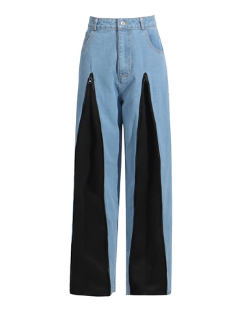Vaqueros de Patchwork de Moda para Mujer Pantalones de Mezclilla de Pata Ancha de Color de Contraste con Cremalleras Talle Alto Streetwear