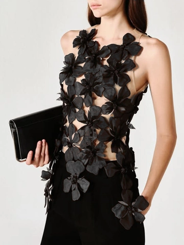 Women Sexy Mesh Patchwork Sleeveless Top With 3D Floral Appliqué Sheer Party Wear Elegant Celebrity Camisole Tank Top