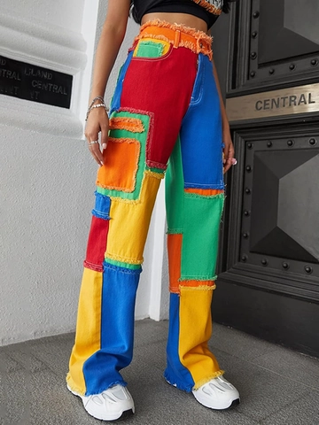 Γυναικείο Τζιν Παντελόνι Patchwork Ψηλόμεσο Streetwear με Ξεφτισμένο Τελείωμα Ίσια Γραμμή Πολύχρωμο Σχέδιο Παντελόνι