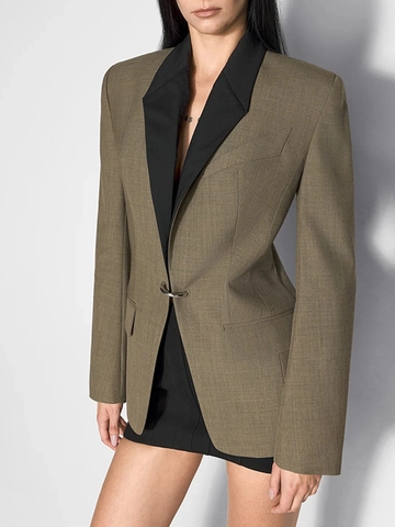 Elegante Blazer da Donna Slim Fit con Revers a Contrasto in Patchwork Fibbia in Metallo Giacca da Abito per Ufficio Carriera Casual Manica Lunga
