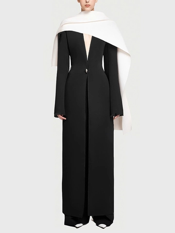 Elegant Women Long Trench Coat With Scarf Cape Design Single Button Polyester Slim Fit Commuter Outerwear Overcoat Jacket