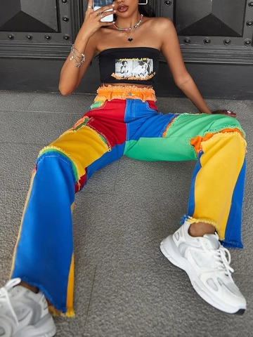Γυναικείο Τζιν Παντελόνι Patchwork Ψηλόμεσο Streetwear με Ξεφτισμένο Τελείωμα Ίσια Γραμμή Πολύχρωμο Σχέδιο Παντελόνι