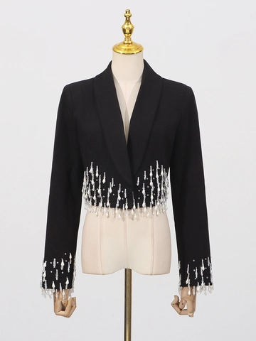 Damen Elegant Schwarz Kurzer Blazer Schwere Industrie Strass Fransen Schalkragen Langarm Spleißen Designer Anzugjacke