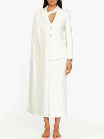 Damen Eleganter Blazer Und Langer Rock Anzug Langarm Asymmetrisches Drapé Schal Hals Professionelles Business Büro Outfit