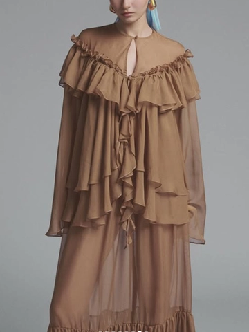 Women Casual Brown Ruffle Blouse Mesh Splicing Long Sleeve Loose Round Neck Solid Color Chic Elegance Fashion Shirt Top