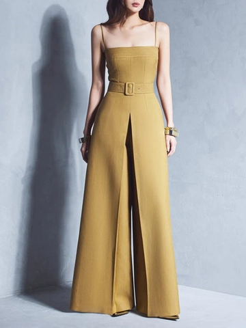 Women's Casual Mustard Yellow Wide Leg Jumpsuit Sleeveless High Waist With Belt Solid Color Elegant Summer Long Romper