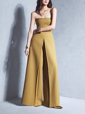 Women's Casual Mustard Yellow Wide Leg Jumpsuit Sleeveless High Waist With Belt Solid Color Elegant Summer Long Romper