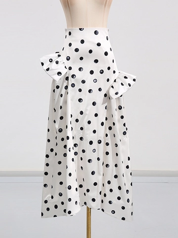 Gonna Lunga a Pois a Vita Alta in Raso con Volant e Fiocco Vintage Linea A Gonna Maxi Donna Party Quotidiano