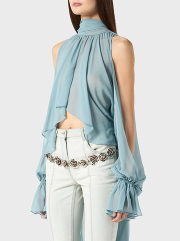 Damen Halterneck Stehkragen Chiffon Bluse Rüschen Extra Langer Laternenärmel Unregelmäßiger Saum Fließendes Top Süßer Japanischer Stil