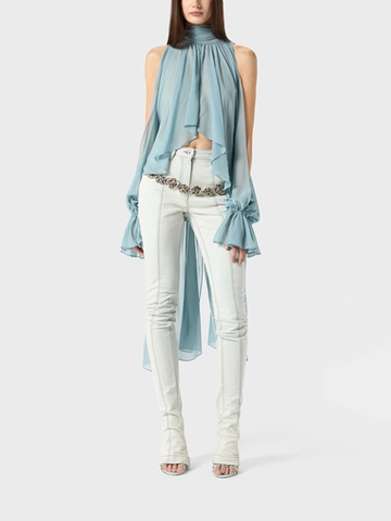 Damen Halterneck Stehkragen Chiffon Bluse Rüschen Extra Langer Laternenärmel Unregelmäßiger Saum Fließendes Top Süßer Japanischer Stil