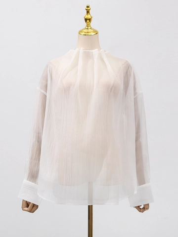 Damen Elegante Weiße Plissee-Bluse Halbtransparent Stehkragen Langarm Sonnenschutz Locker Hemd Mode Pendler Top