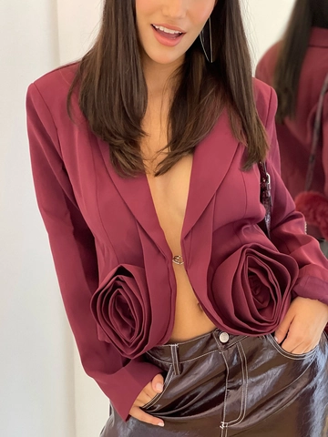 Damen Eleganter Weinroter 3D Rosenblüten Blazer Jacke Tiefer V-Ausschnitt Kettenglied Kurzanzug Jacke Mode Party Oberbekleidung