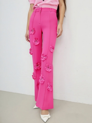 Pantalones de Campana de Cintura Alta para Mujer con Apliques de Flores 3D Elegante Rosa Fucsia Pantalones Largos Casuales Ropa