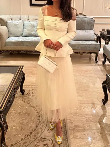 Elegant Off-White Tweed Peplum Top And Mesh Midi Skirt Two Piece Set For Women Formal Party Wedding Outfits