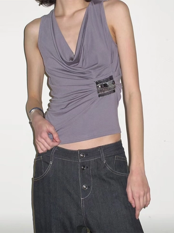 Women Sexy Cowl Neck Sleeveless Tank Top Solid Color Draped Ruched Casual Summer Vest Top With Rhinestone Detail