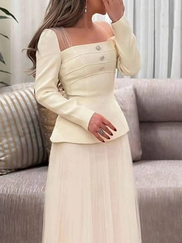 Elegant Off-White Tweed Peplum Top And Mesh Midi Skirt Two Piece Set For Women Formal Party Wedding Outfits